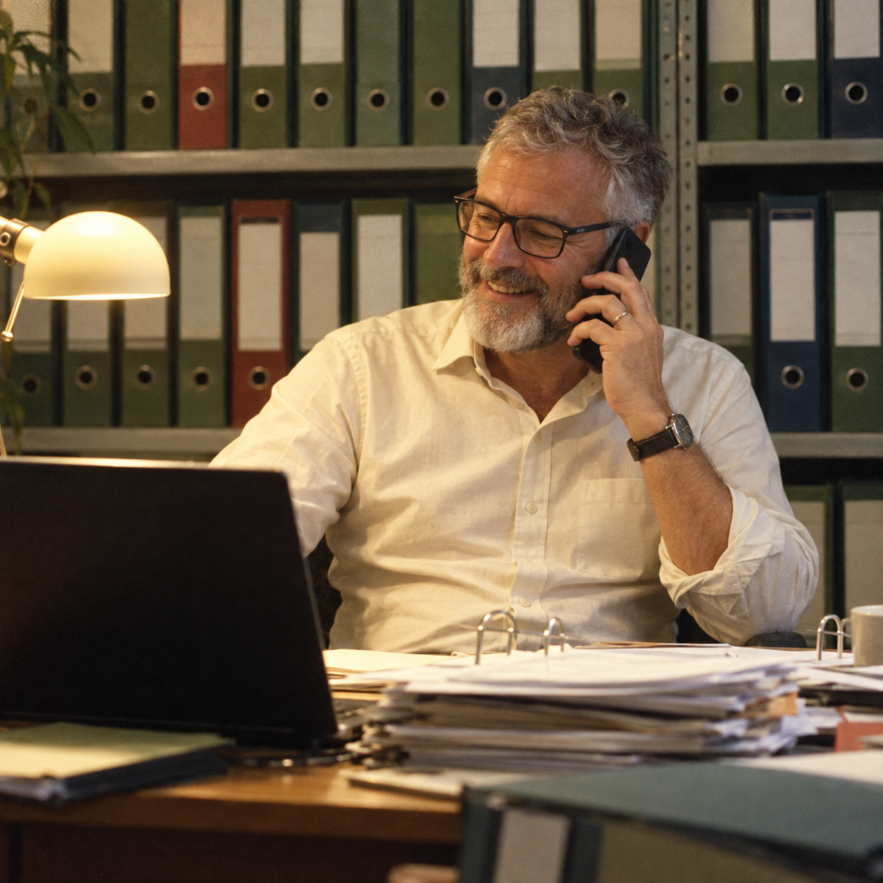 A colleague smiling during a phone conversation at his desk