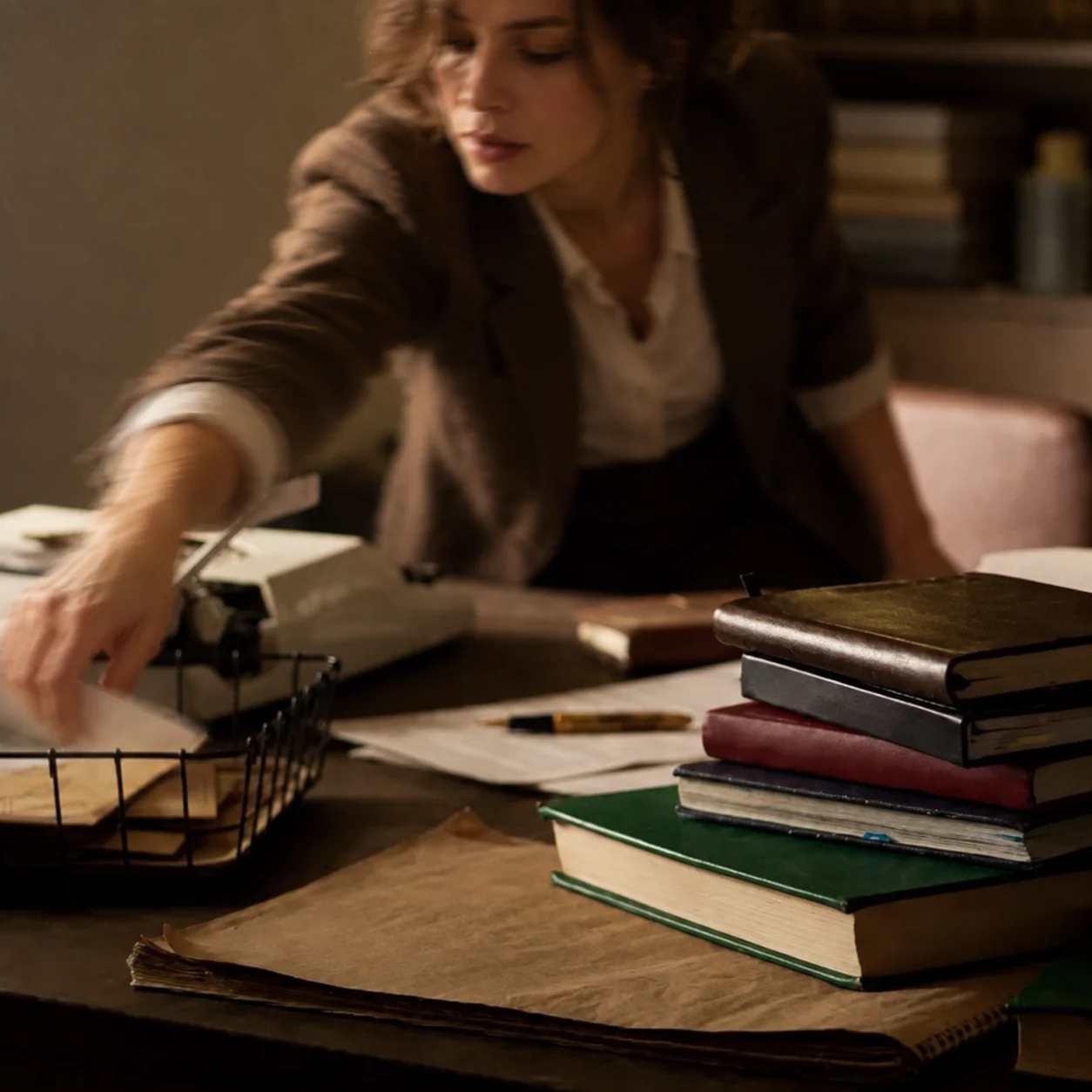 An office worker quickly reaching into a paper basket across a desk piled with books and documents